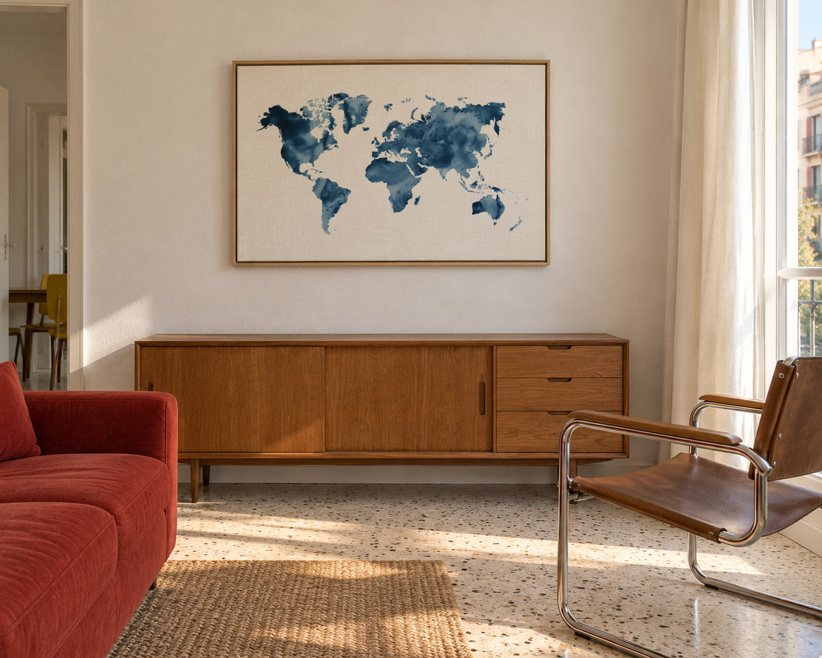 Indigo Blue World Map - Framed canvas in an interior