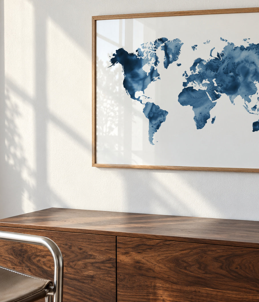 Indigo Blue World Map - Framed poster detail