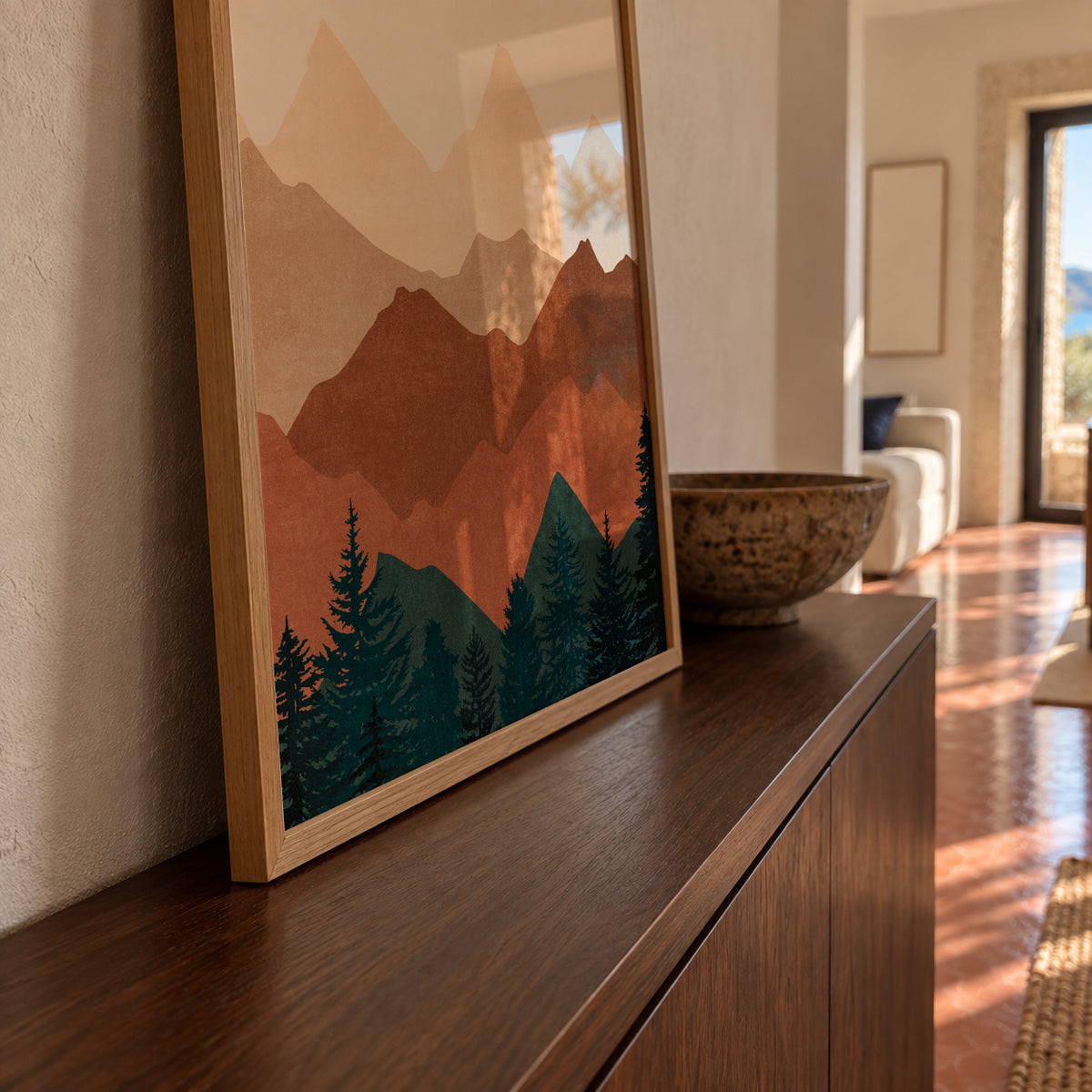 Sunset Peaks 1 - Framed poster in an interior