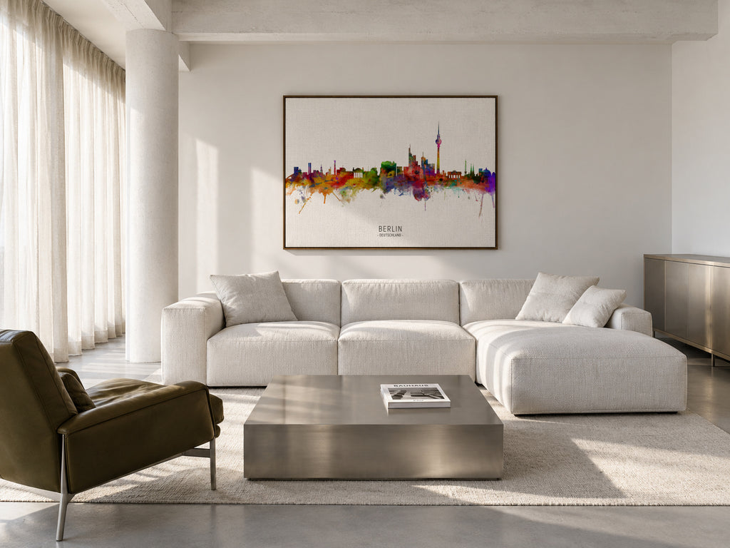Berlin Skyline multicolor - Framed canvas in an interior