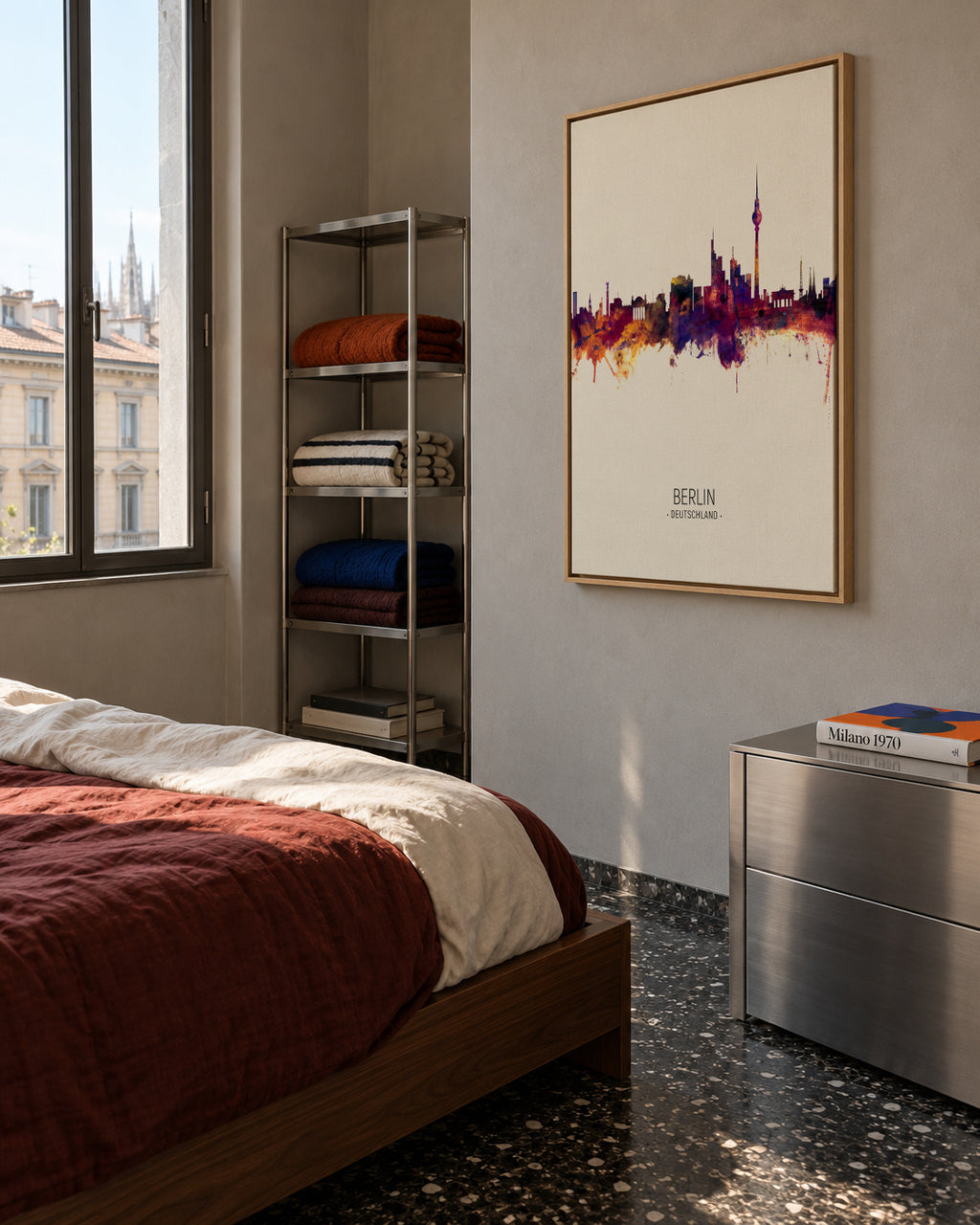 Berlin Skyline en beige - Framed canvas in an interior