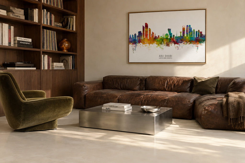 Abu Dhabi Skyline multicolor - Framed canvas in an interior