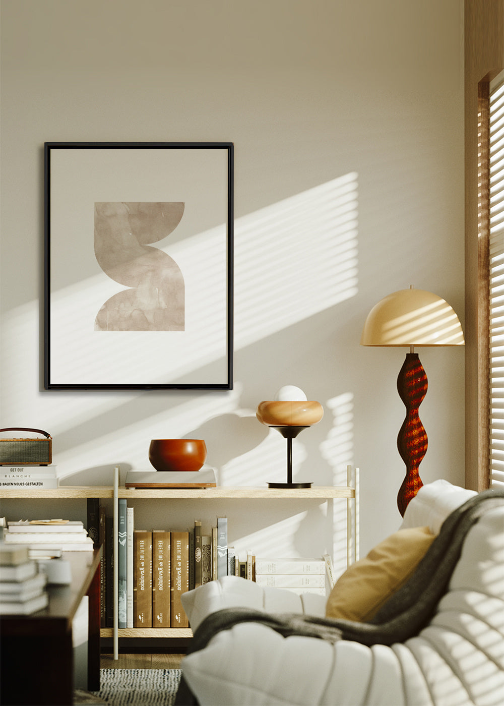 Watercolor shapes Nº2 - beige tones - Framed canvas in an interior