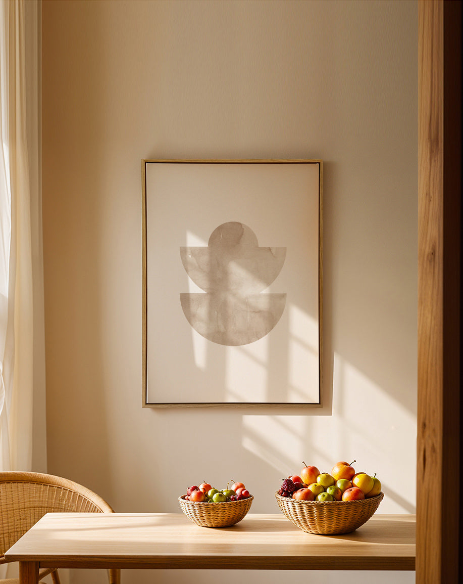 Watercolor shapes Nº5 - beige tones - Framed canvas in an interior