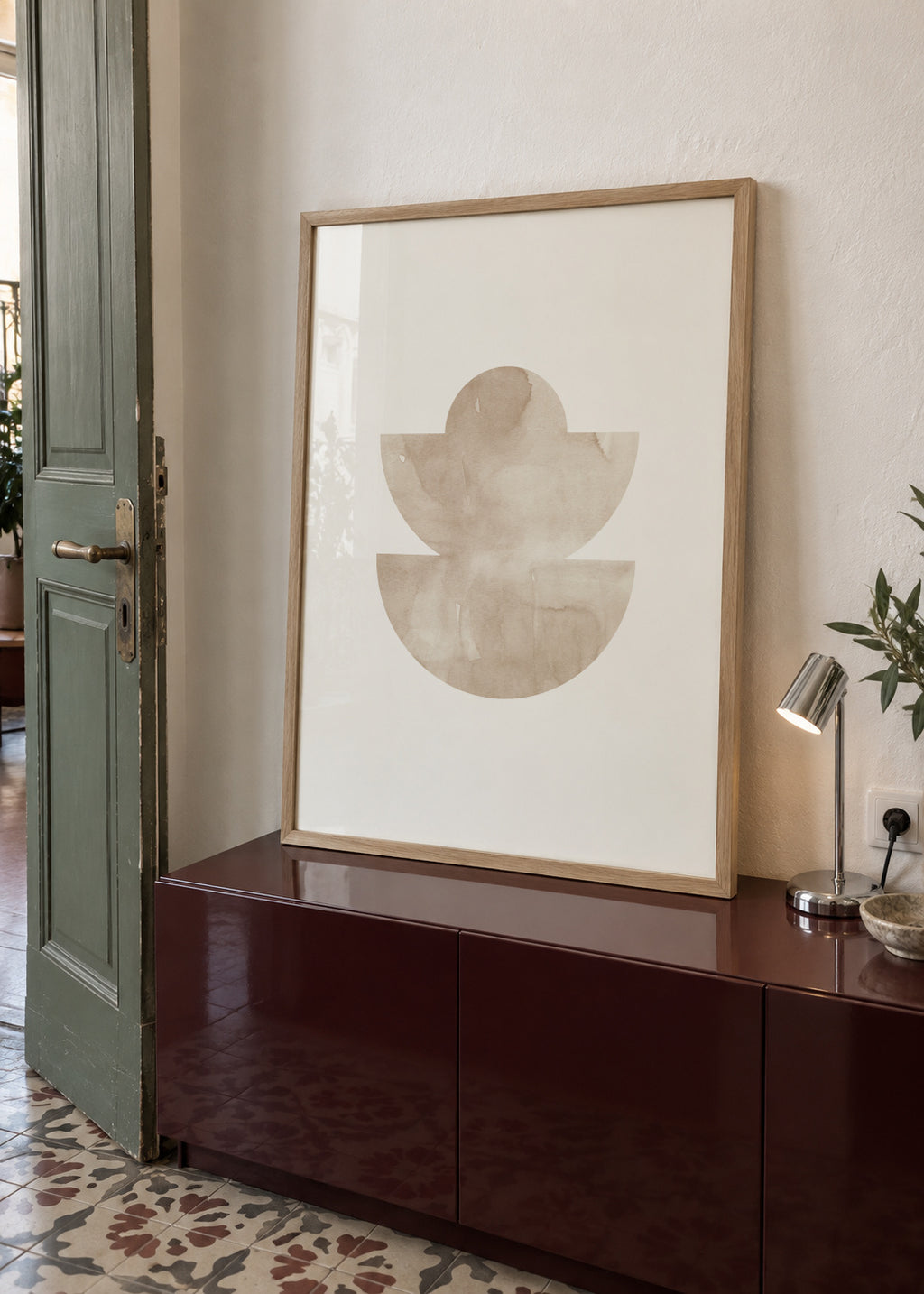 Watercolor shapes Nº5 - beige tones - Framed poster in an interior