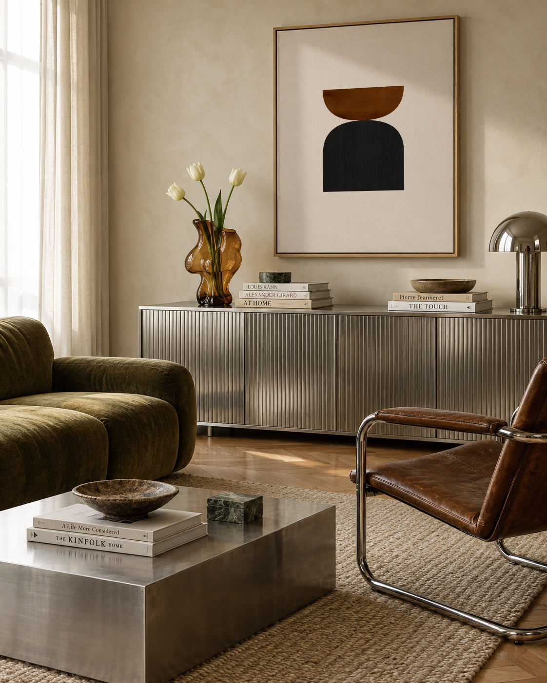 Geometric shapes Nº1 - rust & black - Framed canvas in an interior