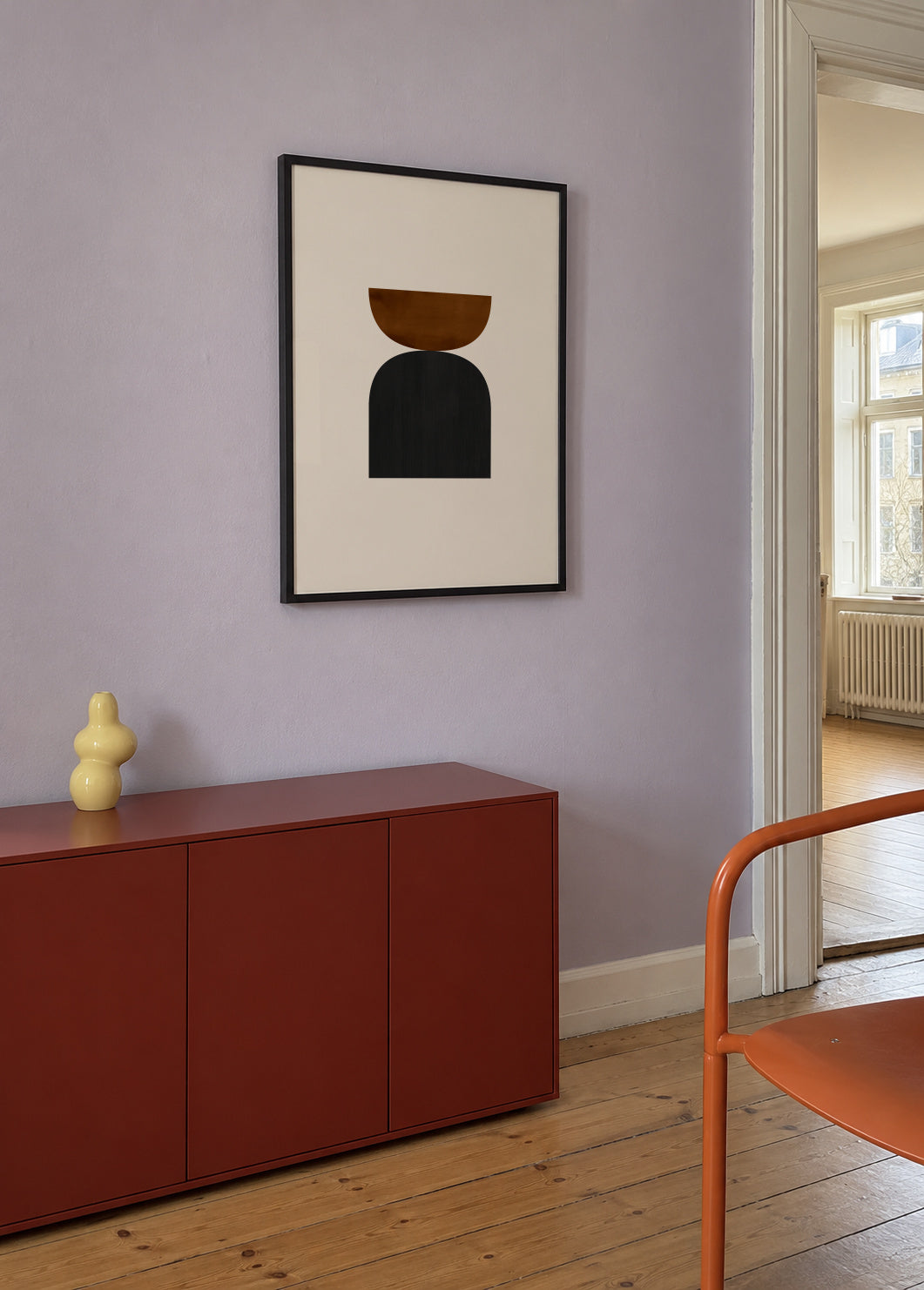 Geometric shapes Nº1 - rust & black - Framed poster in an interior
