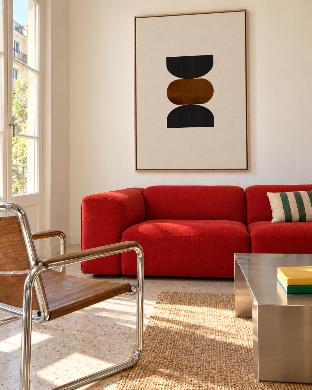 Geometric shapes Nº2 - rust & black - Framed canvas in an interior