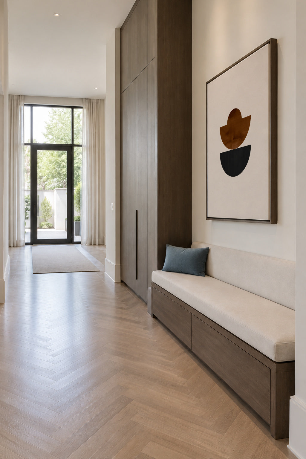 Geometric shapes Nº3 - rust & black - Framed canvas in an interior