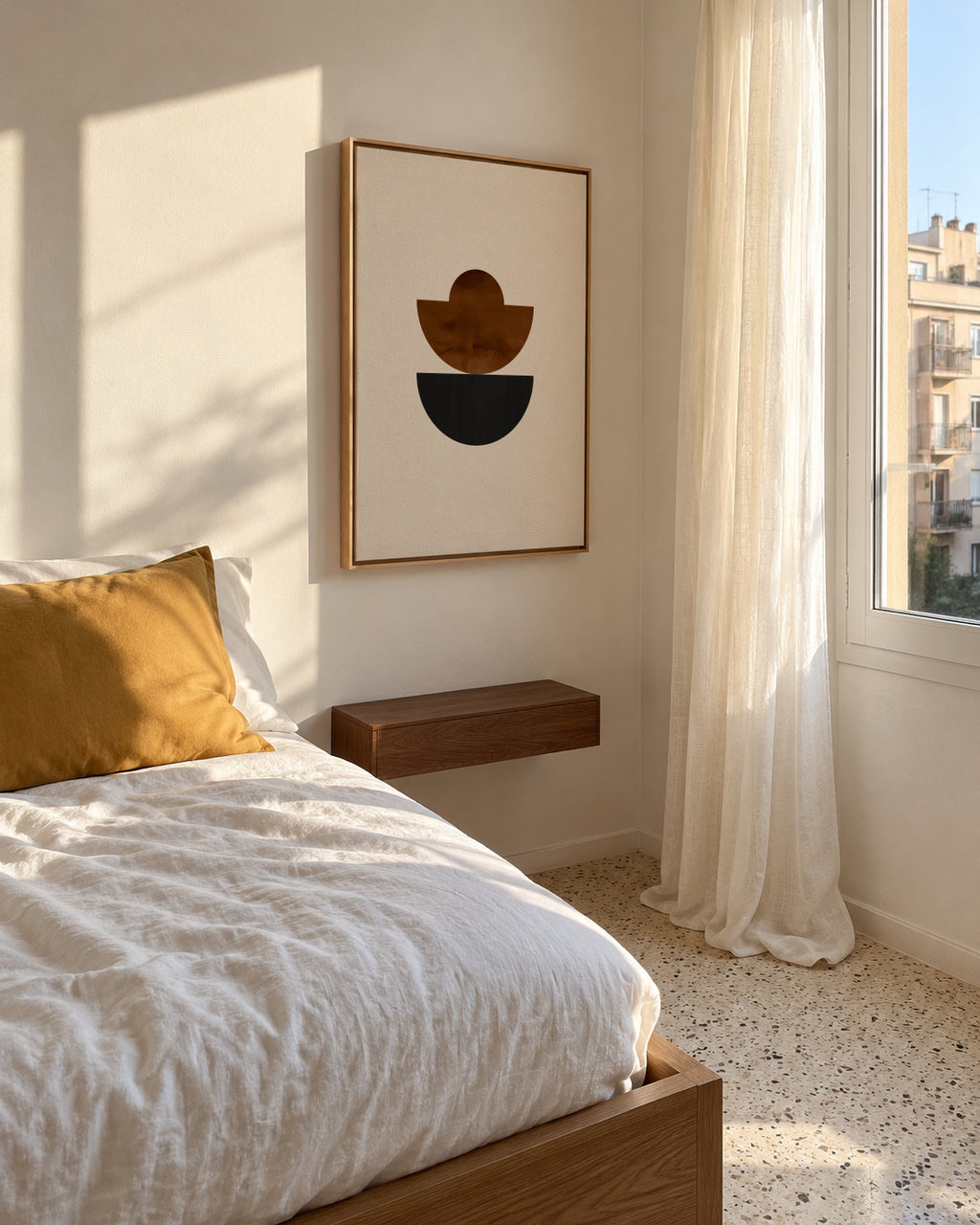 Geometric shapes Nº3 - rust & black - Framed canvas in an interior