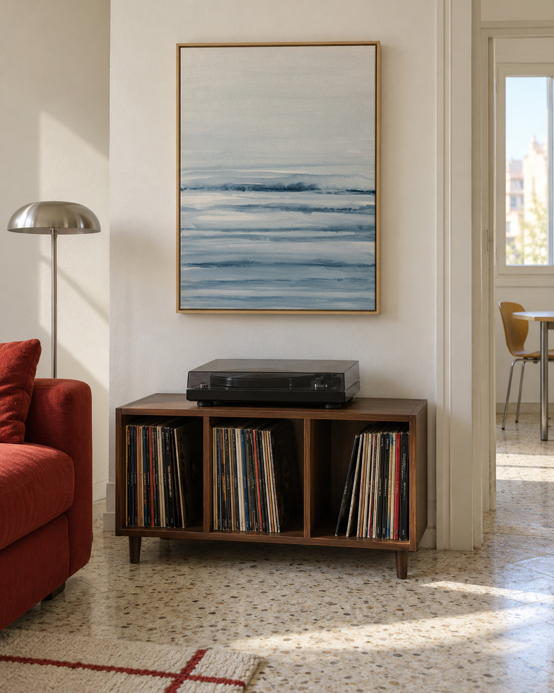 Watercolor landscape N 45 Indigo Blue - Framed canvas in an interior