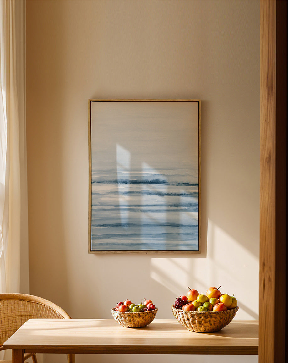 Watercolor landscape N 45 Indigo Blue - Framed canvas in an interior