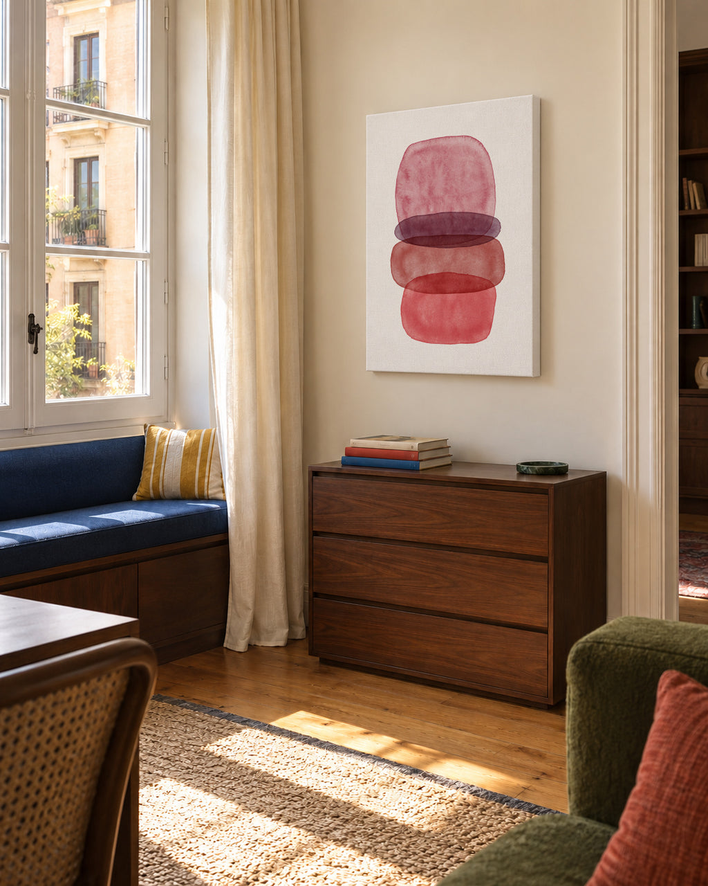 Maroon abstractions - Unframed canvas in an interior