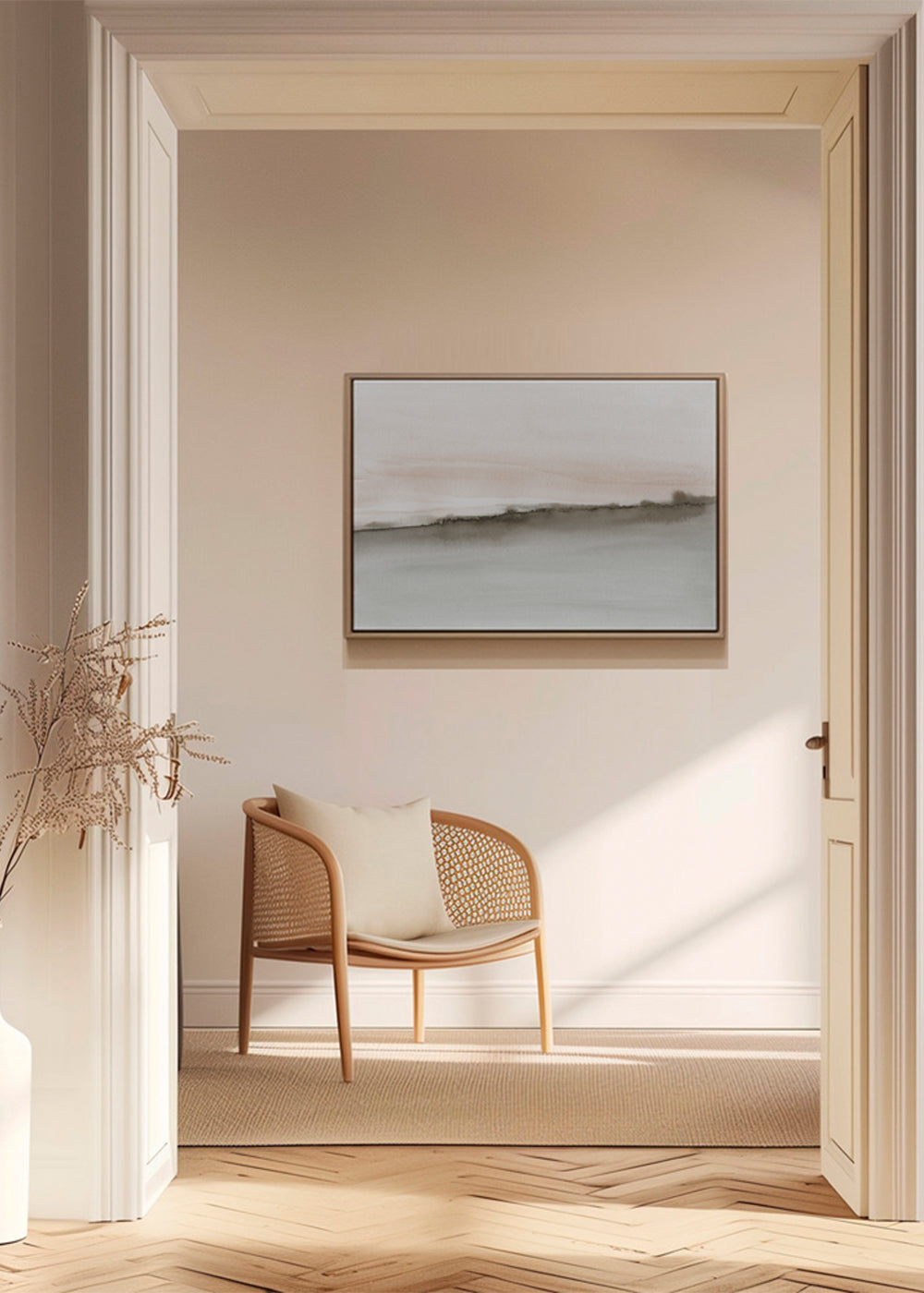 Abstract watercolor landscape in coral and sepia
