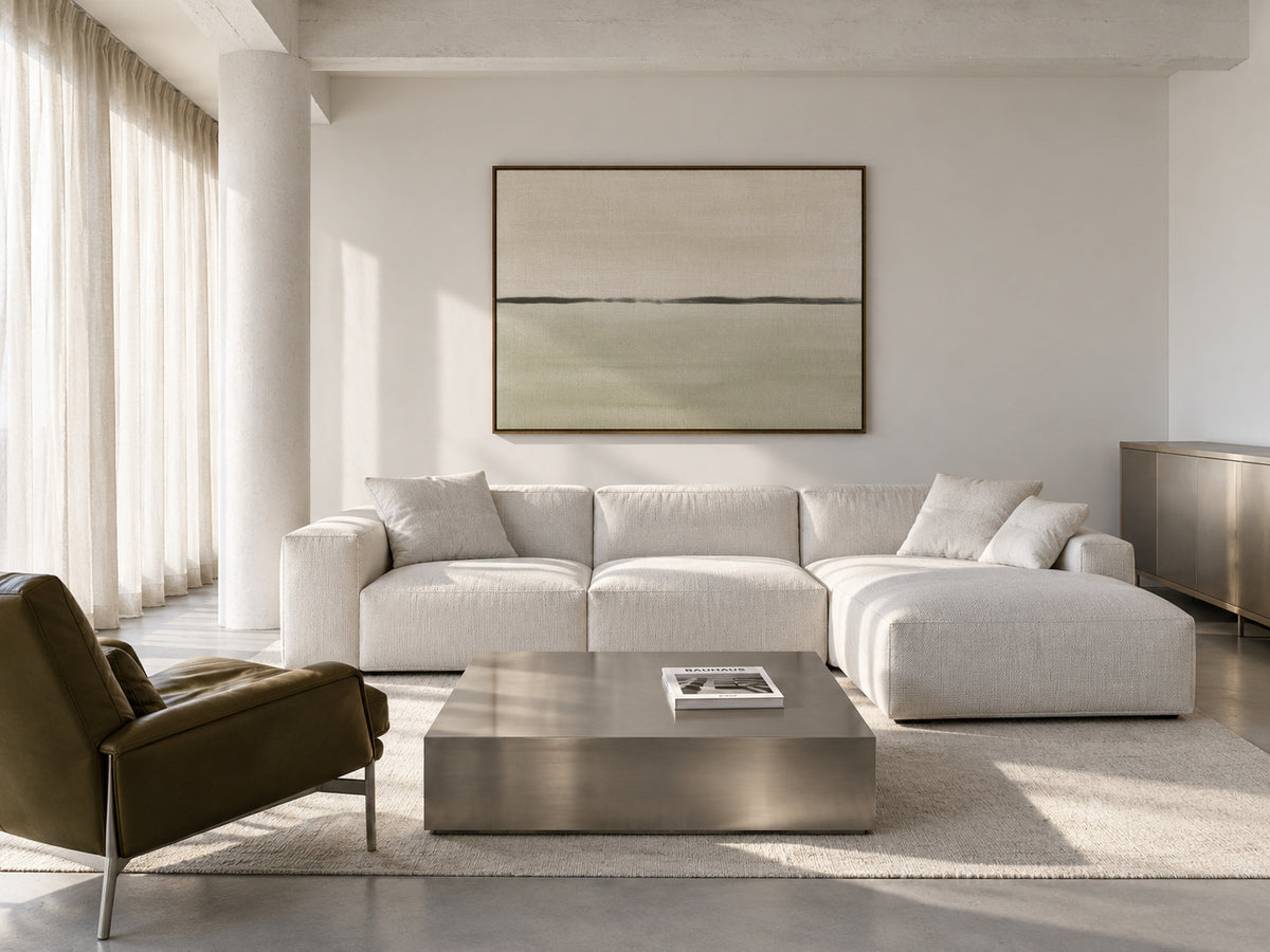 Minimalist horizon in soft olive green and sepia - Framed canvas in an interior