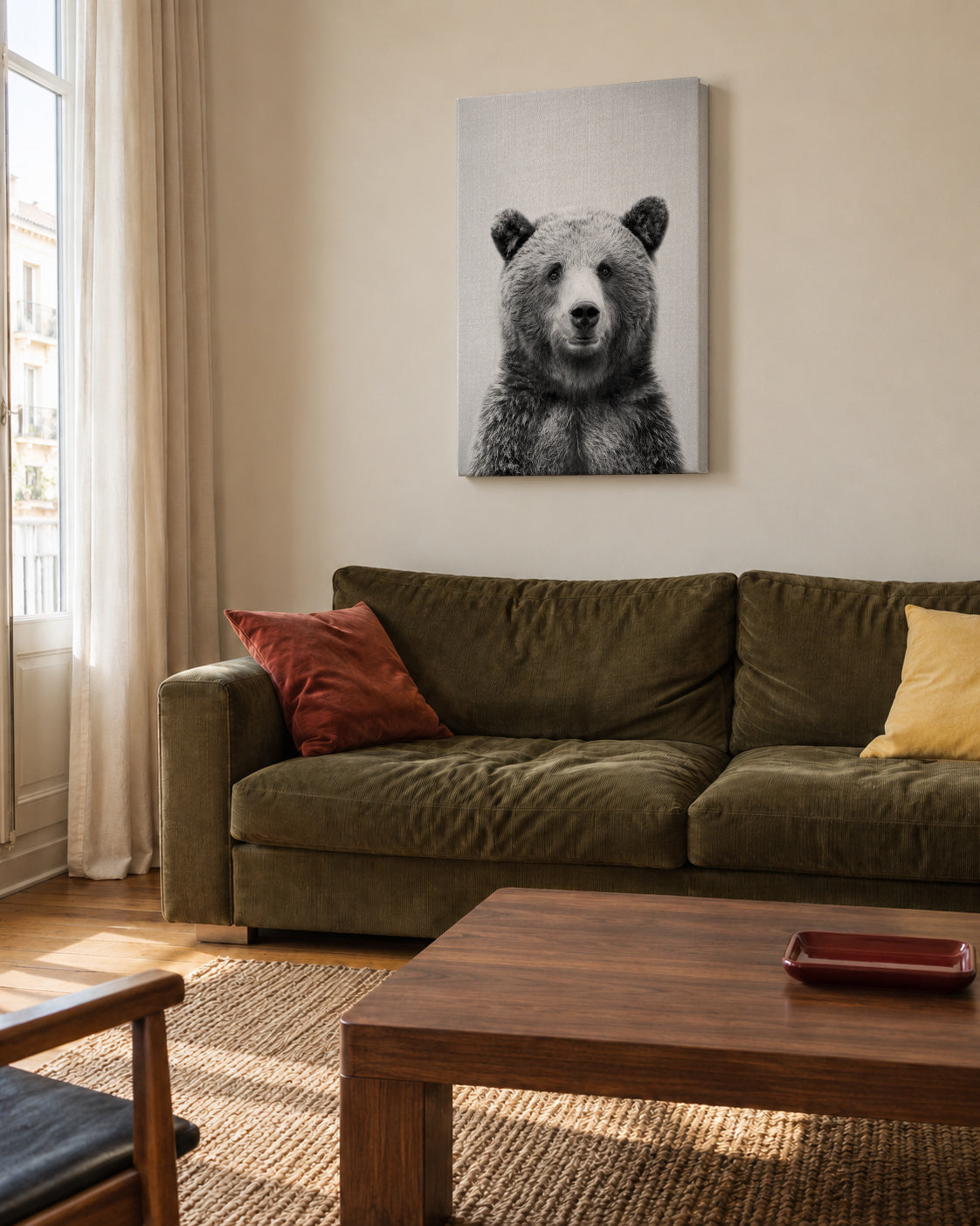 Grizzly Bear - Black & White - Unframed canvas in an interior
