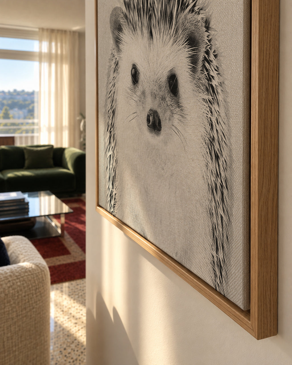 Hedgehog - Black & White - Framed canvas detail