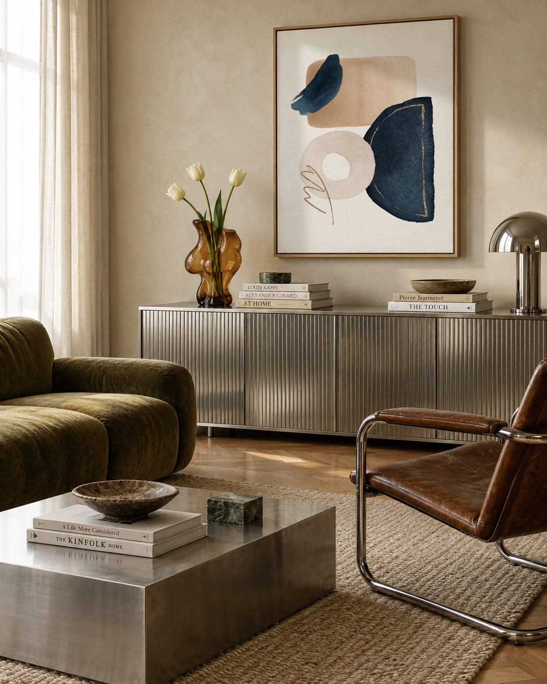 Watercolor Shapes in Navy 2 - Framed canvas in an interior