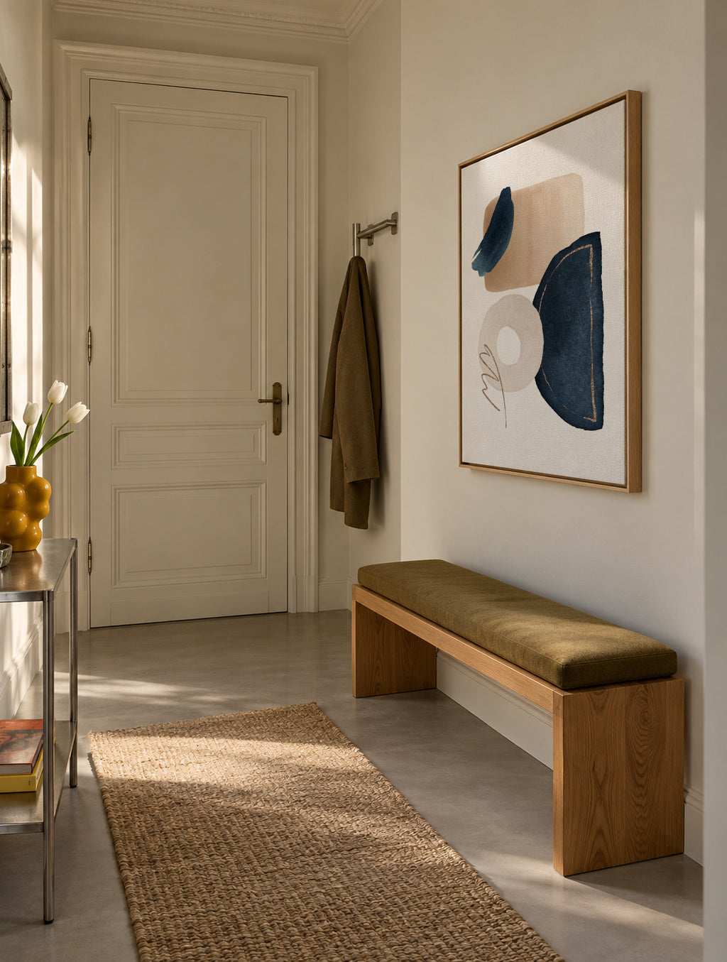 Watercolor Shapes in Navy 2 - Framed canvas in an interior