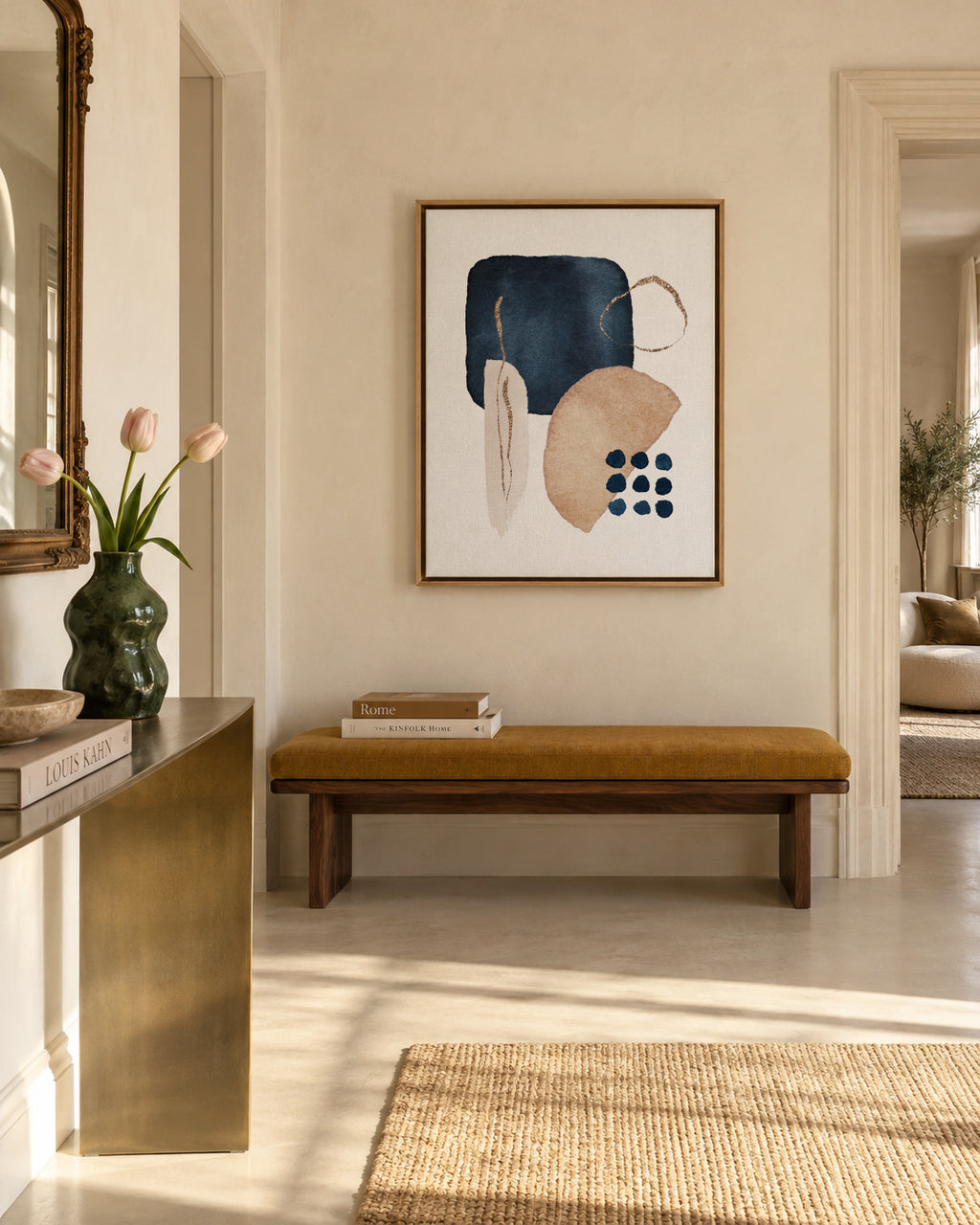Watercolor Shapes in Navy 4 - Framed canvas in an interior