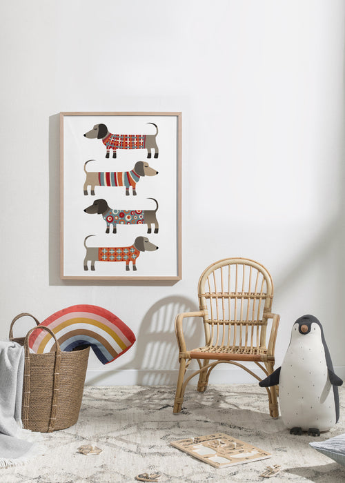 Sausage Dogs in Sweaters - Framed poster in an interior