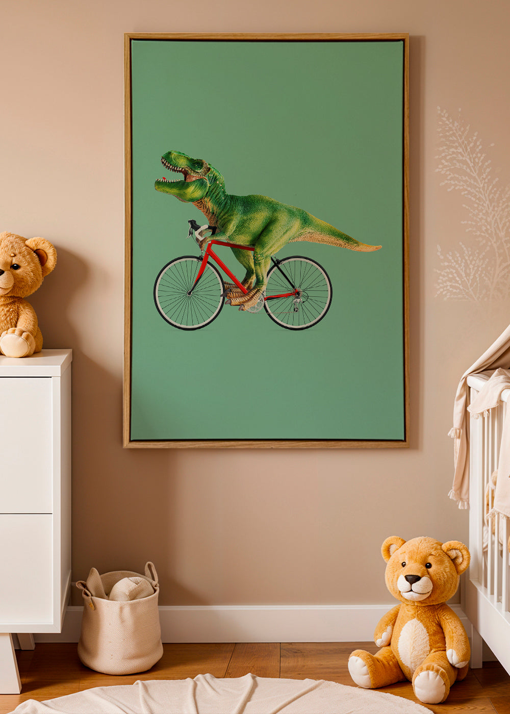 Artwork T-Rex on Bicycle with Green Background