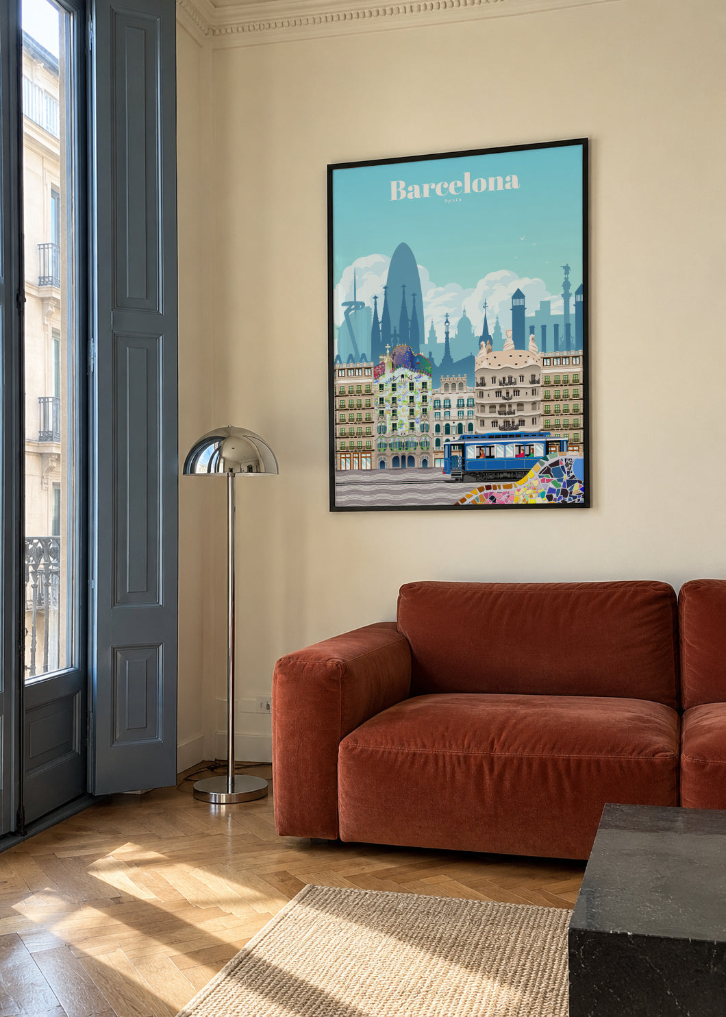 Travel to Barcelona - Framed poster in an interior