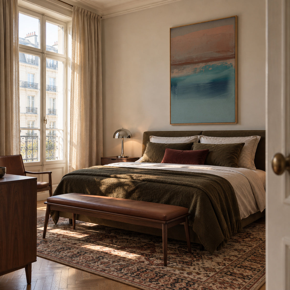 Organic Marks Brown & Blue - Framed canvas in an interior