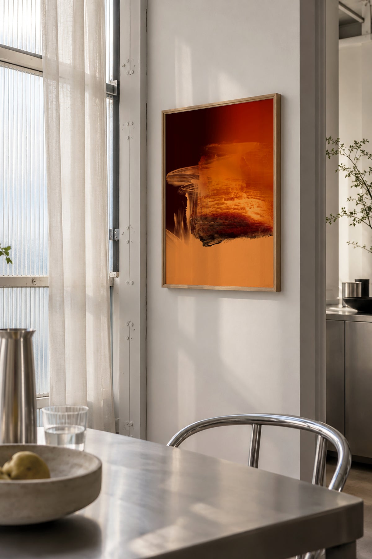 Expressive Fiery Orange Abstract - Framed poster in an interior