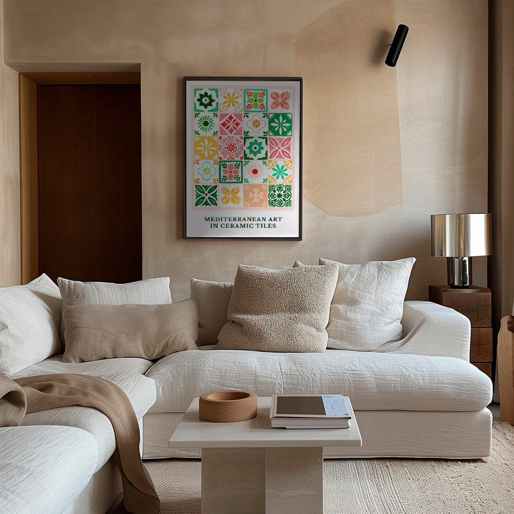 Botanical print with Mediterranean tile motifs