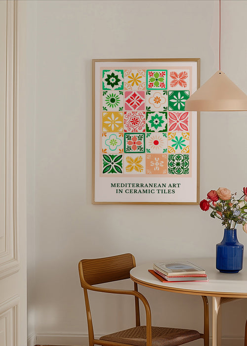 Botanical print with Mediterranean tile motifs