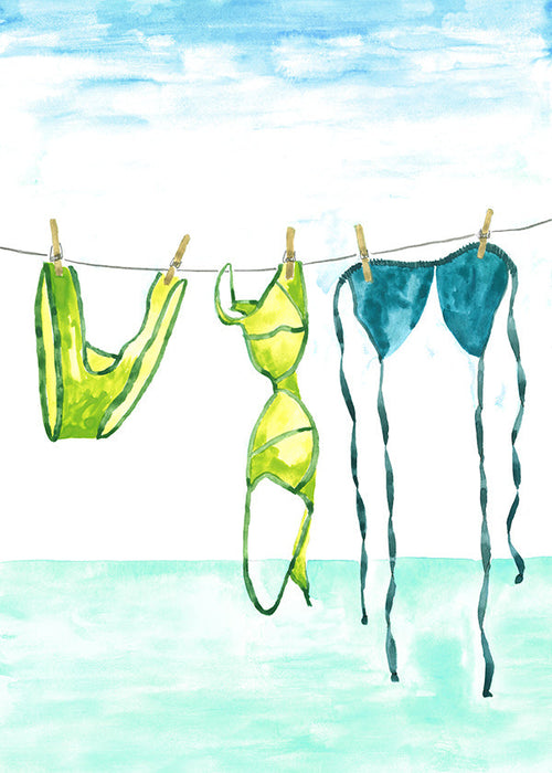 Illustration of hanging bikinis by the sea