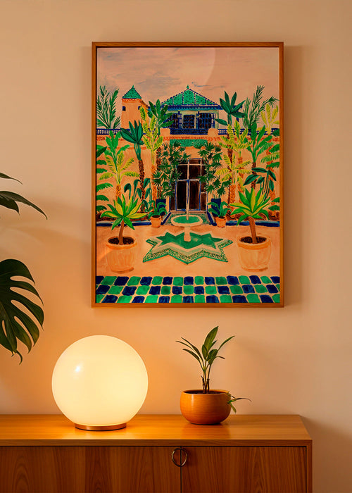 Botanical print Courtyard fountain and tiles