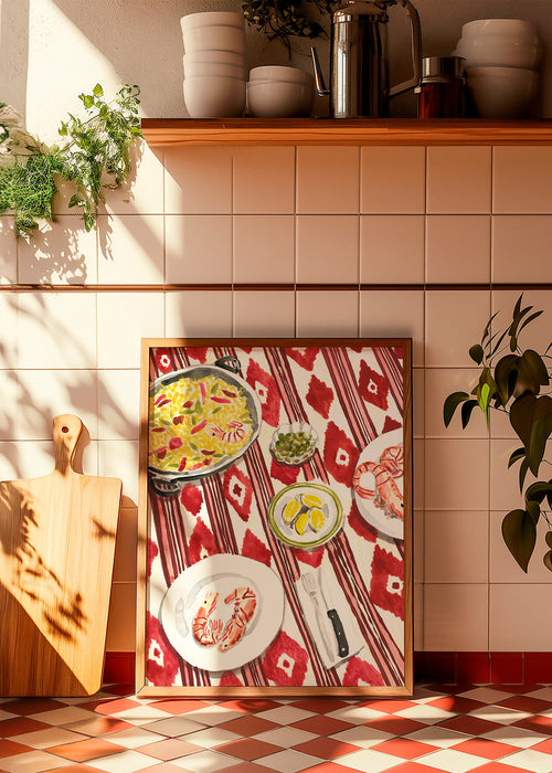 Kitchen art: paella and prawns on a patterned tablecloth