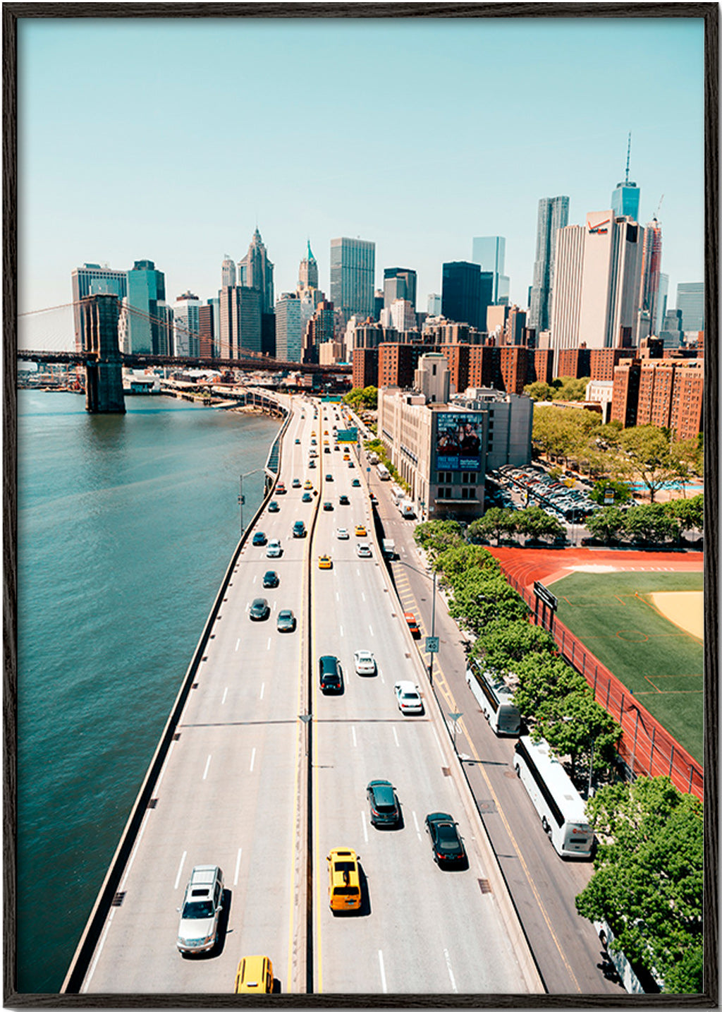 Travel poster: aerial skyline and bridge – Black Frame