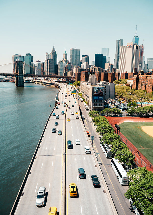 Travel poster: aerial skyline and bridge