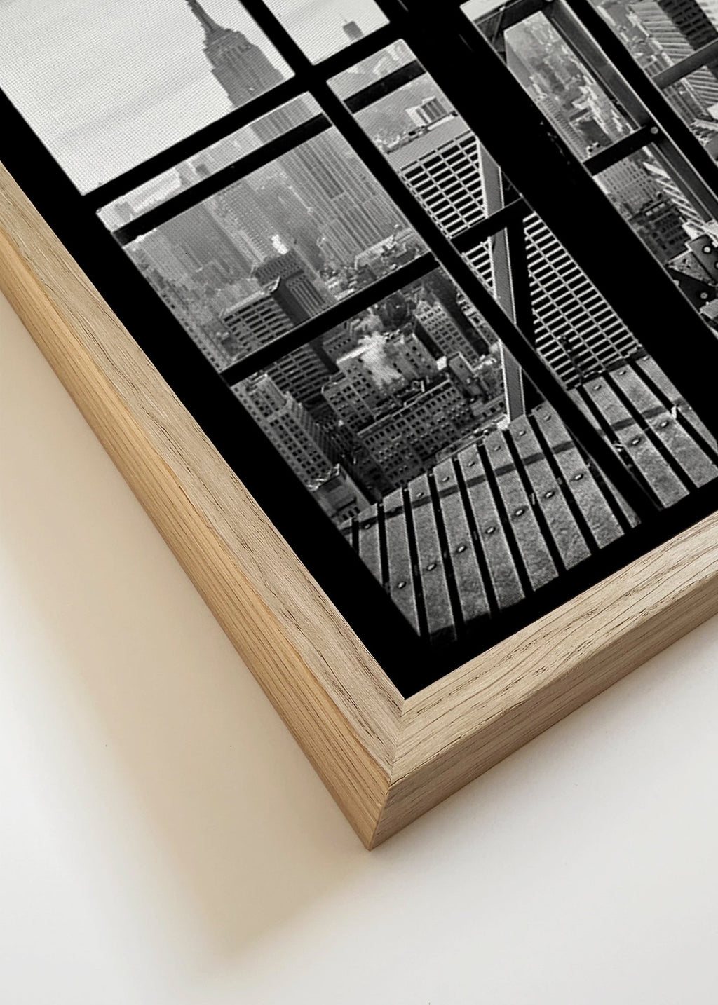 City photograph framed by window – Canvas detail