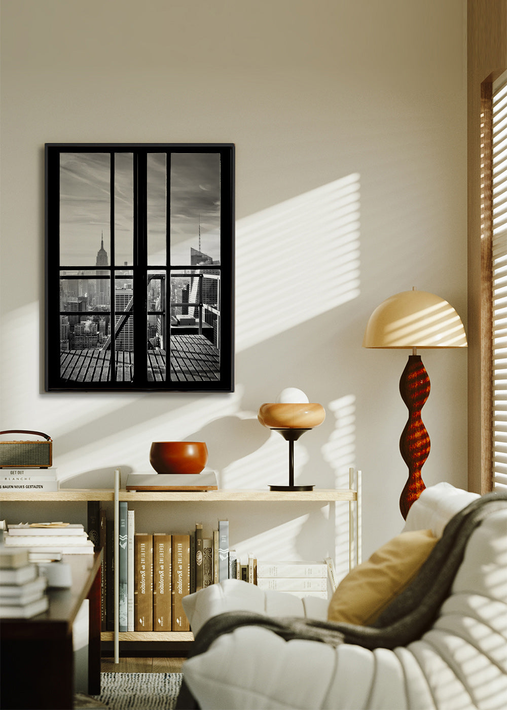 City photograph framed by window – Canvas2
