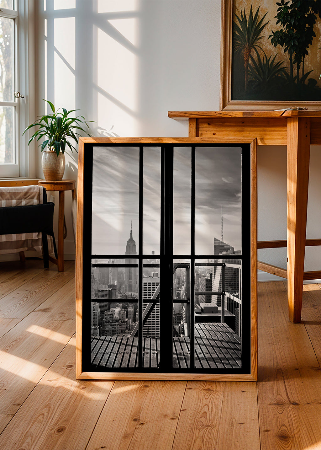 City photograph framed by window – Product2