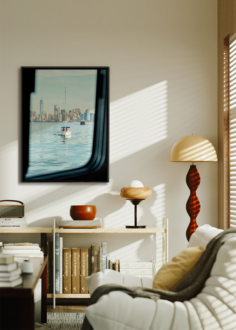 Travel poster with sailboat and skyline – Canvas2