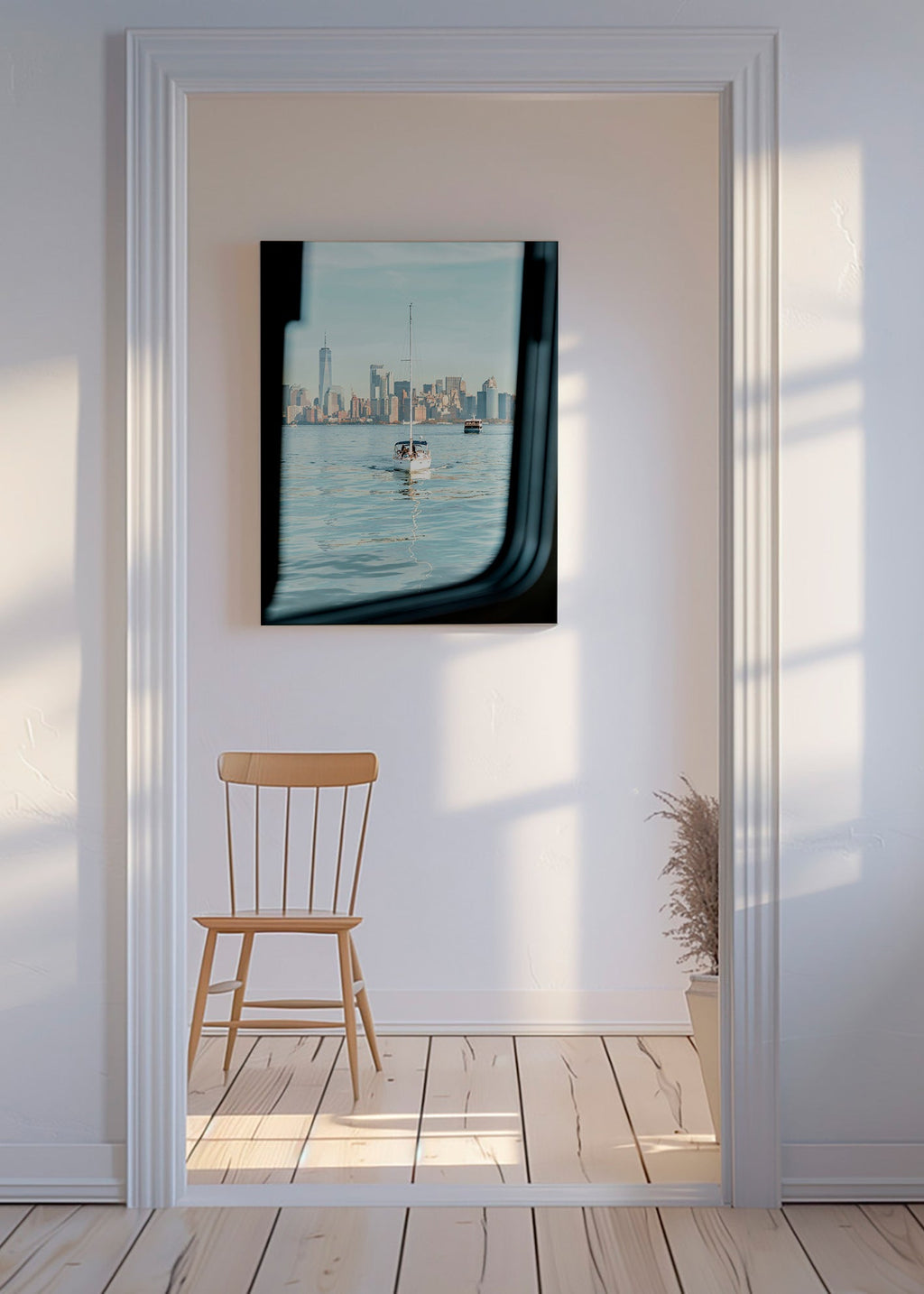 Travel poster with sailboat and skyline – Canvas