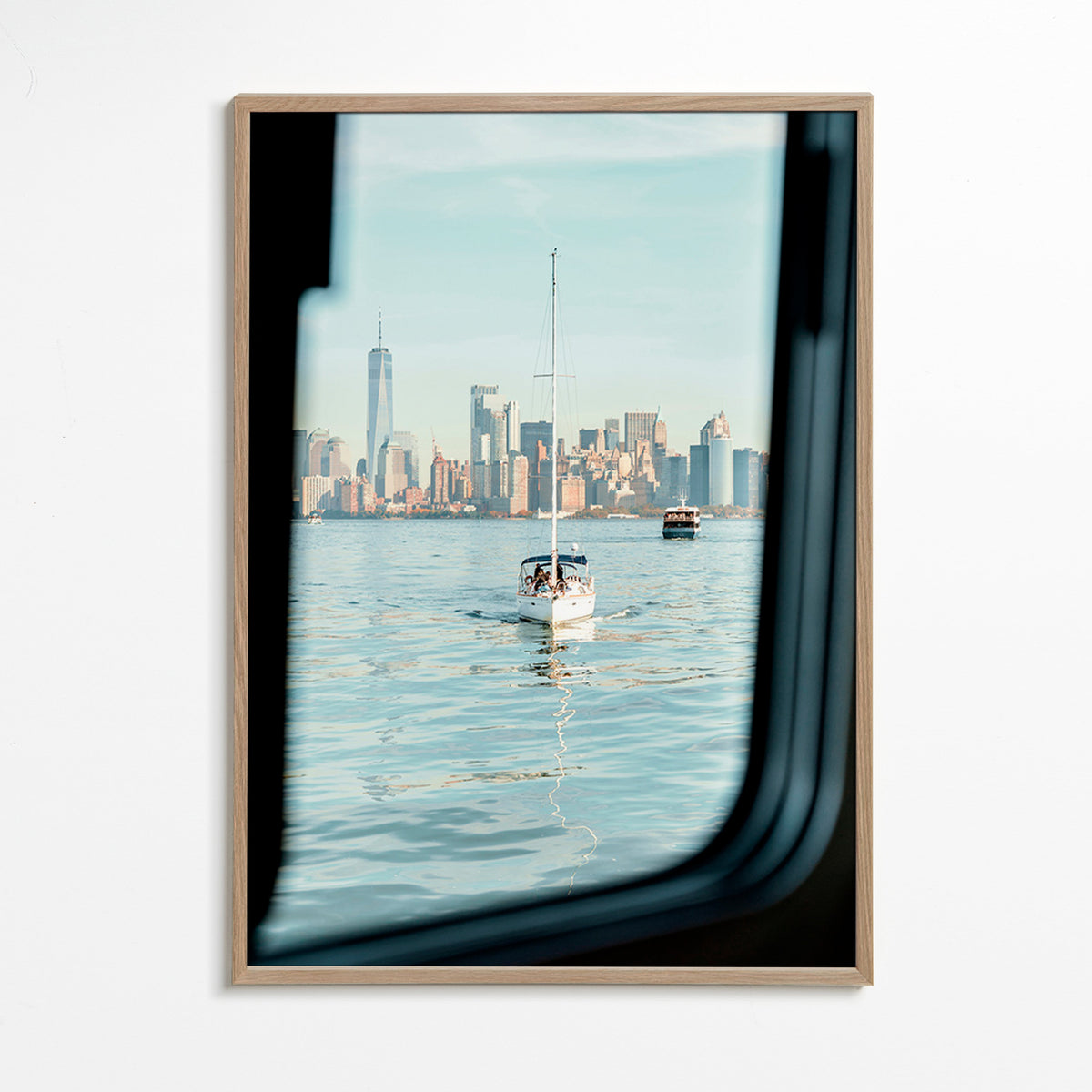 Travel poster with sailboat and skyline – Oak Frame