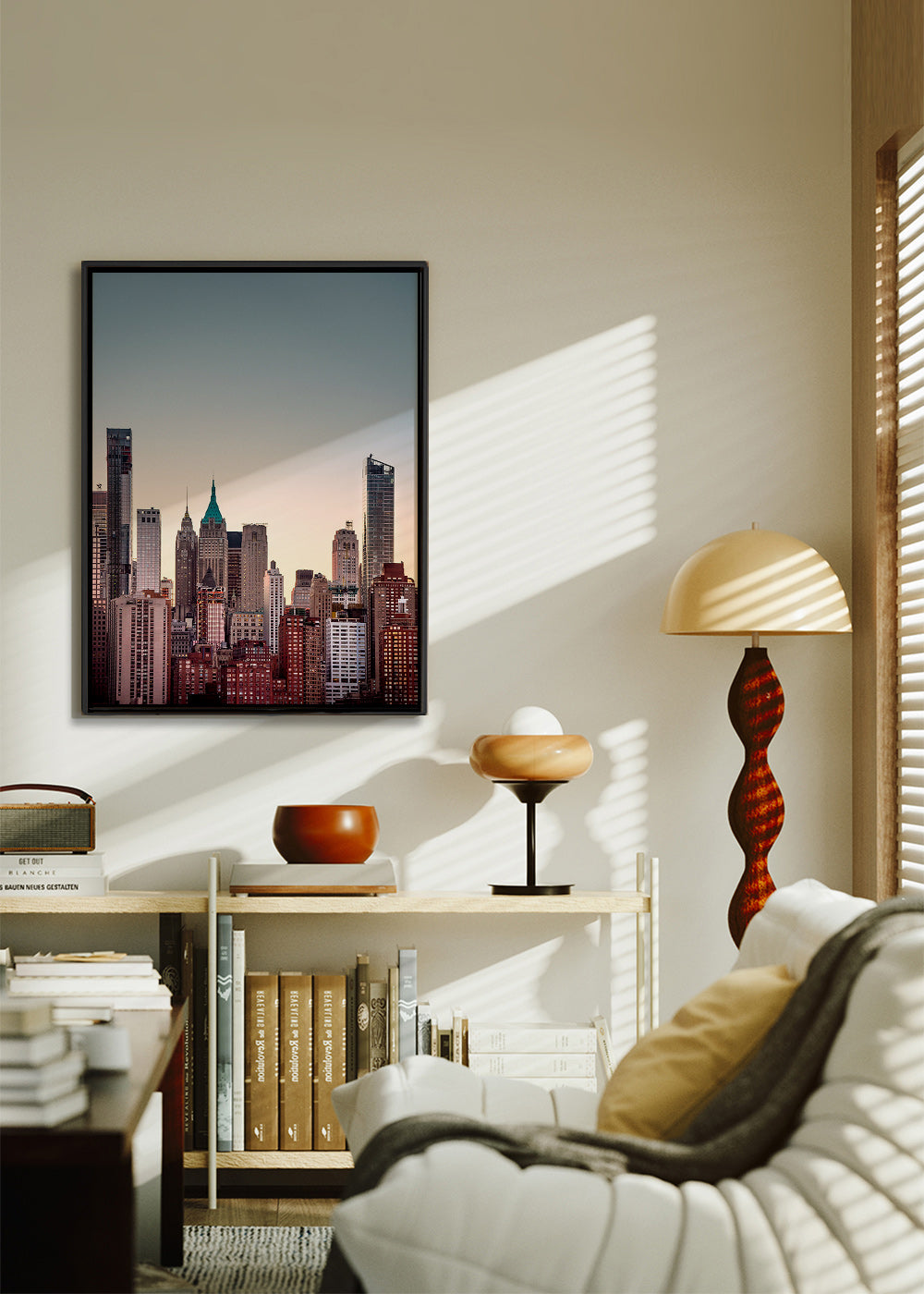 Travel poster with urban skyline at dusk – Canvas2