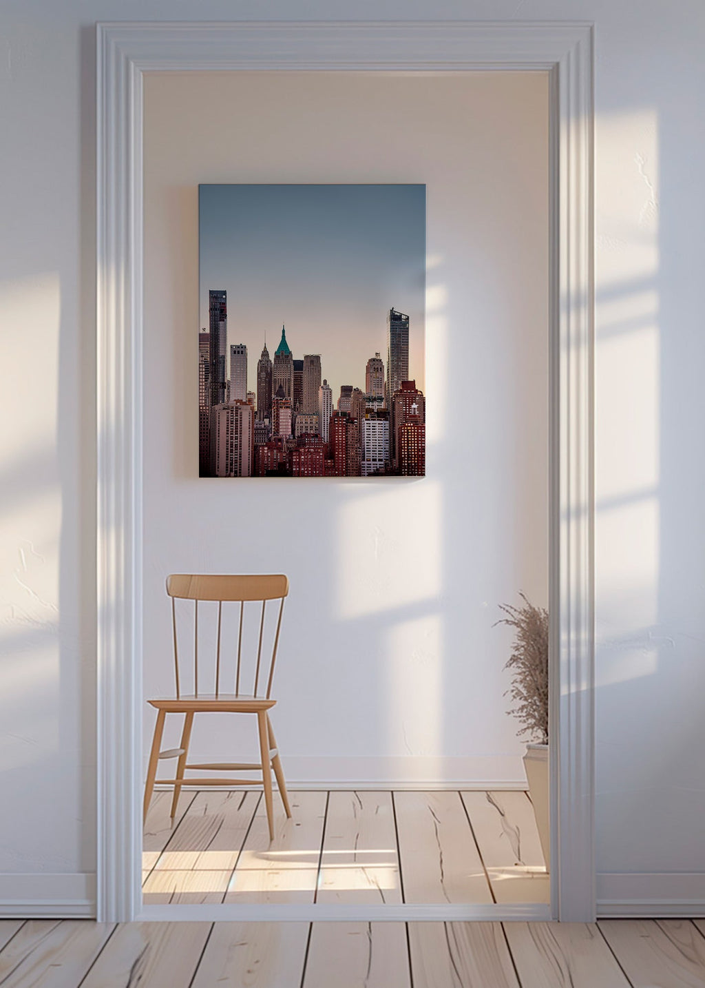 Travel poster with urban skyline at dusk – Canvas