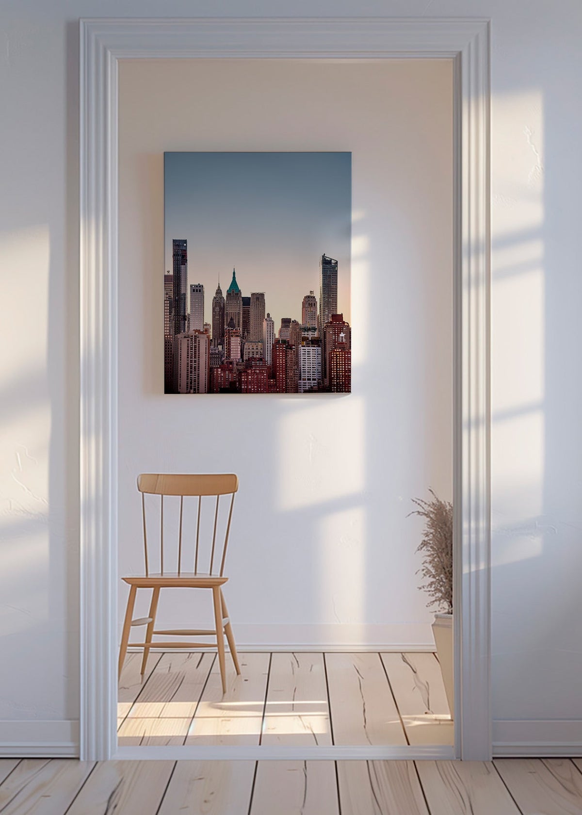 Travel poster with urban skyline at dusk – Canvas