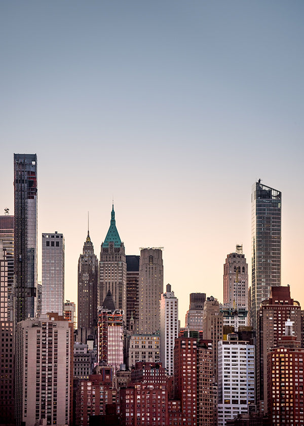 Travel poster with urban skyline at dusk