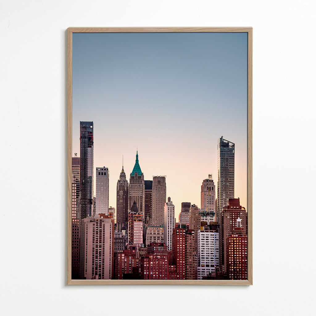 Travel poster with urban skyline at dusk – Oak Frame