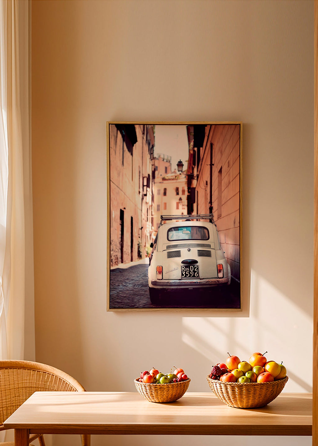 Travel poster featuring a classic car on a Roman street – Canvas2