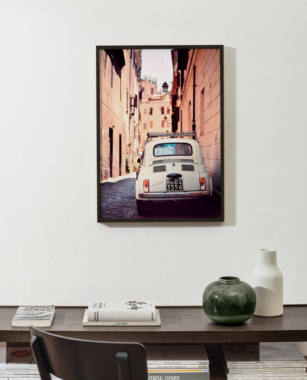 Travel poster featuring a classic car on a Roman street – Product1
