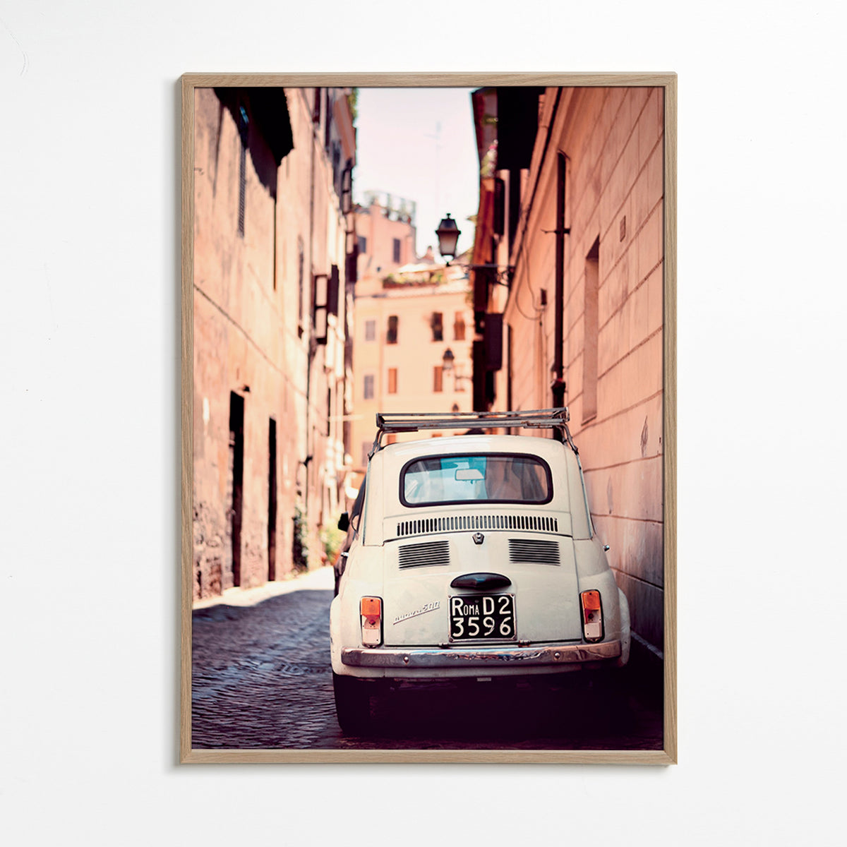 Travel poster featuring a classic car on a Roman street – Oak Frame